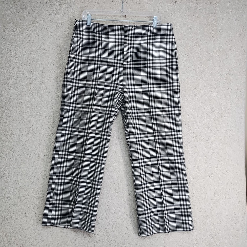 Zara Woman Pants Womens 12 Black White Plaid Straight Leg Ankle Stretch Office